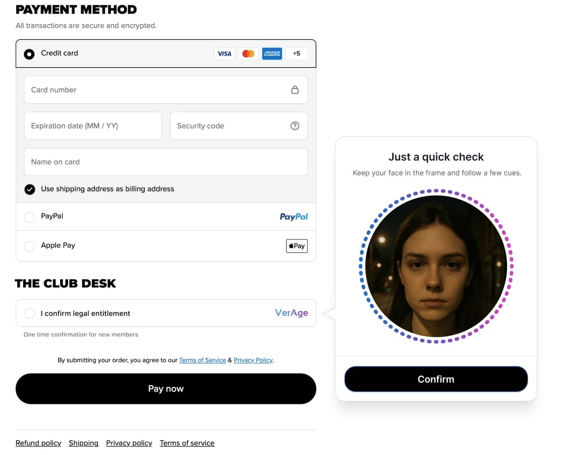 Inline verification in Shopify checkout — AI selfie age